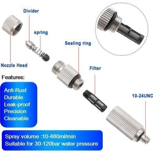 10-24UNC Thread High Pressure Misting Nozzle SS Orific Atomization with Filter Anti Drip Fog Sprinklers Garden Cooling Humidify