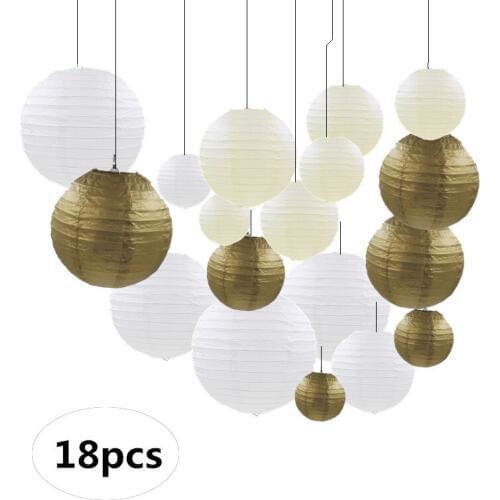 18 Packs 4"-12" White Beige Gold Chinese Paper Lanterns Assorted Sizes lamp Wedding Party Decor