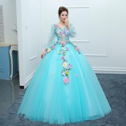 Long Sleeve Quinceanera Dresses Puff Sleeve Party Dreess Sweet Floral Print Ball Gown Plus Size Prom Dress Vestidos