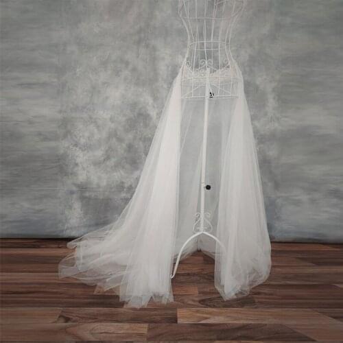 White Detachable Bridal Tulle Overskirt Pearls Appliqued Sparkle Removable Overskirt Floor Length Long Train Tailing For Wedding