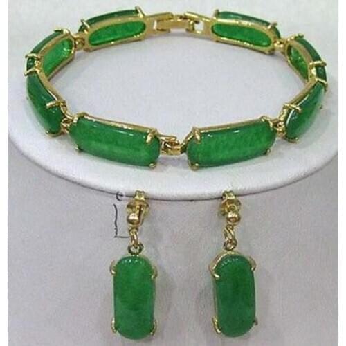 Free Shipping Green jade Link Bracelet earrings Set>> plated watch wholesale Quartz jade CZ crystal