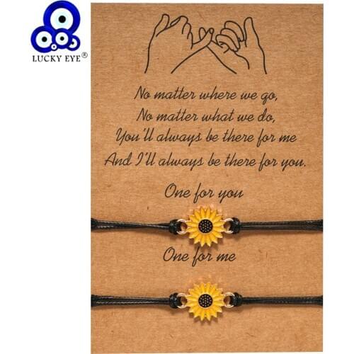 Lucky Eye Wish Bracelet with Card Braided Rope Chain Sunflower Charm Bracelet Adjustable for Women Girls Handmade Jewelry LE366