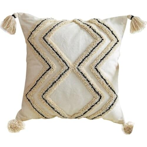 Nordic Style Boho Throw Pillow Case Woven Tufted Geometric Striped Cotton Cushion Cover Shell with Tassel for Couch Sofa