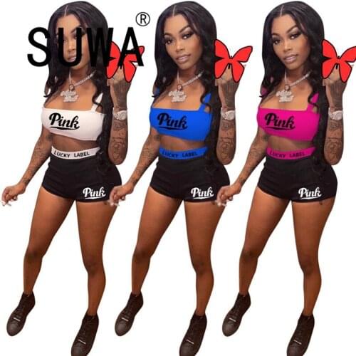 Women Pink Letter Tracksuit Sleeveless Matching Two 2 Piece Set Outfits Sport Sweatsuits Matching Set