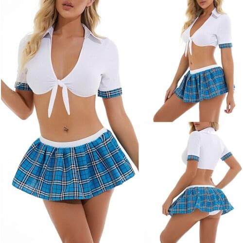 Womens Sexy Lingerie Set Three-piece Womens Underwear Plaid Printed Pattern Deep V-neck Tops Panties And Skirt Erotic Costume