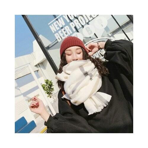 Korean Version Small Fresh Pure Literary White Plaid Scarf Double-sided Imitation Cashmere Thickened Warm Winter Scarf Shawl