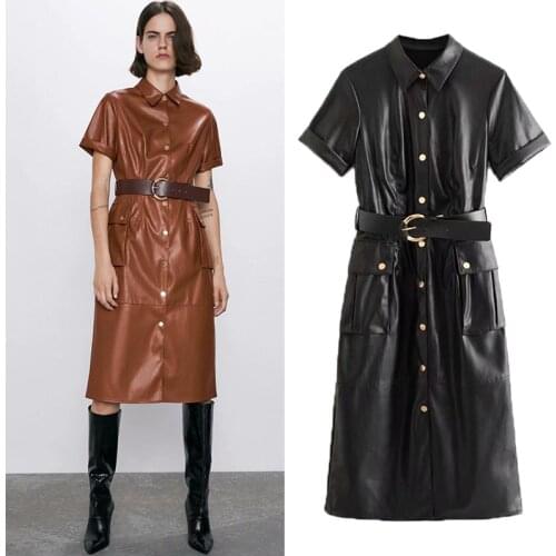 2020 Summer New Pu Leather Short Sleeved Dress Single Breasted With Belt High Waist A Line Dress High Quality Sexy Ladies dress