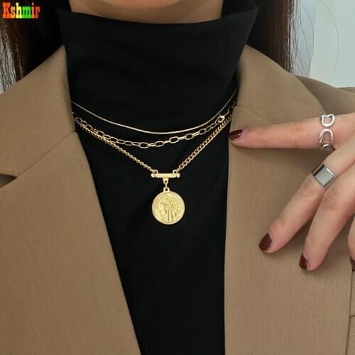 Kshmir 2020 Multilayer necklace bracelet trendy retro choker geometric circular head pendant sweater chain
