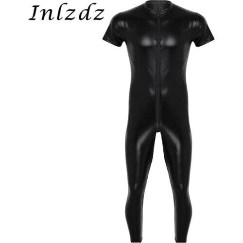 Mens Lingerie Sexy Bodysuit Stretchy Faux Leather Short Sleeves Zipper Crotch Full Body Leotard Bodysuit Eye-catching Clubwear