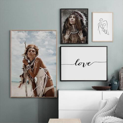 Native Indian Woman Wild Boho Nature Canvas Posters Wall Art Minimalist Print Painting Nordic Decorative Picture For Living Room