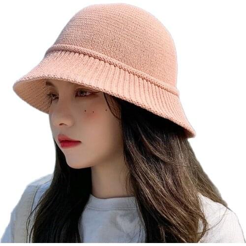 MAO MEI DUAN ZHUANG Solid Color Woolen Bucket Hat Female Autumn And Winter Vintage Fisherman Knitting Basin Cap