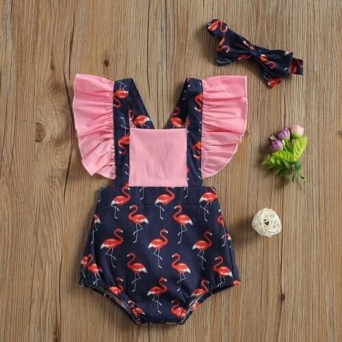 0-3Y Newborn Baby Girl’s Rompers Ruffles Fly Sleeve Flamingo Print Straps Romper and Headband 2pcs