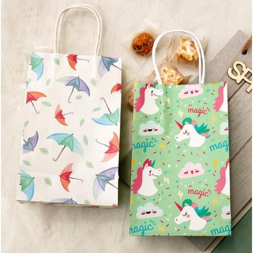 20pcs Cartoon Gifts Bags Wedding Unicorn Happy Birthday Cookie Packaging Paper Bags Garment Food Paper Candy Bags With Handle