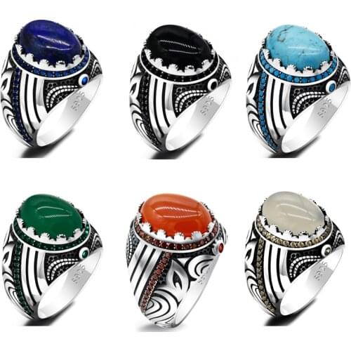 Real 925 Sterling Silver Men Ring with Big Agate/Lapis /Turquoise Gemstone Vintage Turkish Male Rings Jewelry Precious Gift