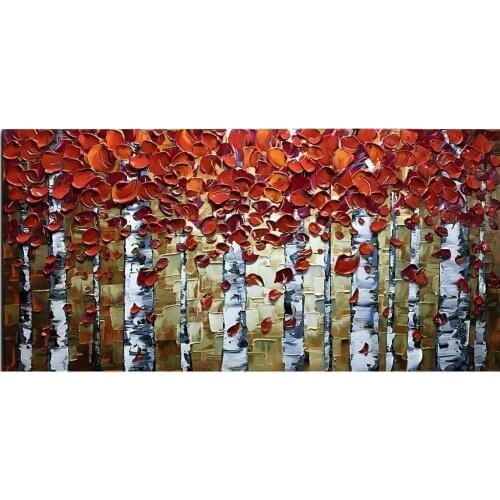 Hand Painted Modern Abstract Painting Red Birch Tree Oil Hand Painting 3D Hand-Painted On Canvas Abstract Artwork Art