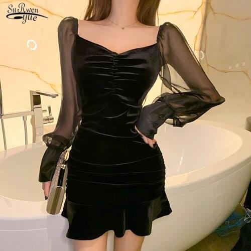 Mesh Velvet Party Dress Women 2021 Black Bodycon Long Sleeve Dress Woman V-Neck Sexy Summer Dresses Female Vestidos 13176