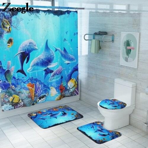 Dolphin Printed Modern Home Decor Bath Mat and Shower Curtain Set U-Shaped Toilet Rug Anti-slip Floor Pad Bathroom Carpet Rug