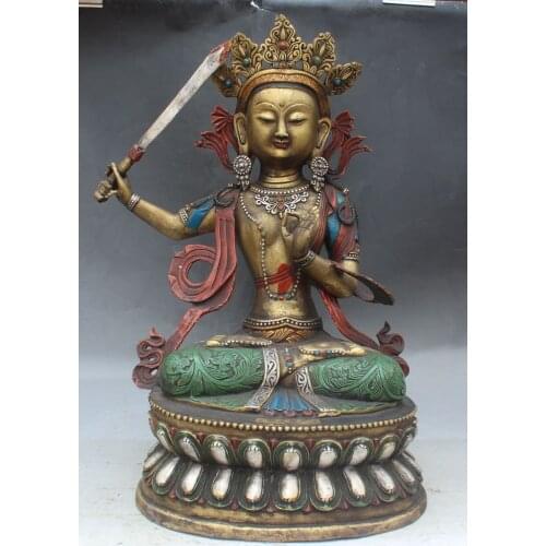S02566 19" Tibet Buddhism Bronze Painting Seat Lotus Wenshu Manjushri Buddha Statue