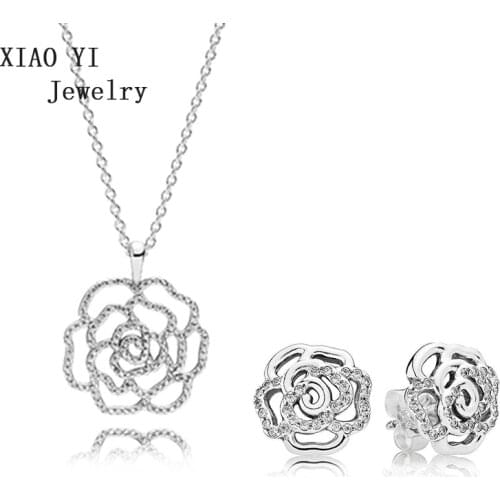 XIAOYI 2020 New 100% S925 11Spring a set of beautiful rose earrings and necklace for wedding jewelry popular with gentle female