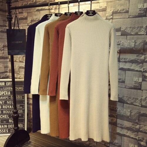 2021 Autumn Winter Dress Women Long Sleeve Elastic Knitting Midi Knee Length Half High Collar Bottom Straight Tube Sweater Dress