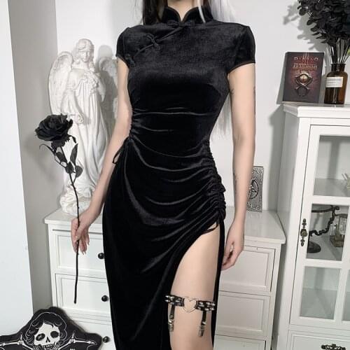 Sexy Hollow Out Cheongsam Maxi Dress Women Short Sleeve Gothic Dress Vintage Ruched High Slit Black Dress Partywear
