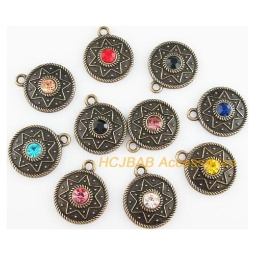 10Pcs Antiqued Bronze Plated Flower Round Star Mixed Crystal Charms Pendants 22x26.5mm