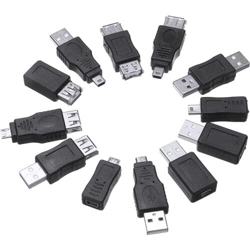 12Pcs Black High Quality USB 2.0 Changer Adapter Set Male to Female Micro Mini Converter Connector Kit