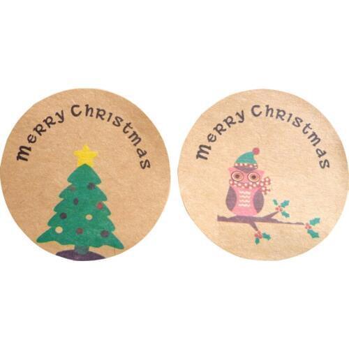 120 Pcs/lot "Merry Christmas" DIY Trees Owl Scrapbooking Sealing Stickers Round Kraft Paper Labels Handmade Party Gift box