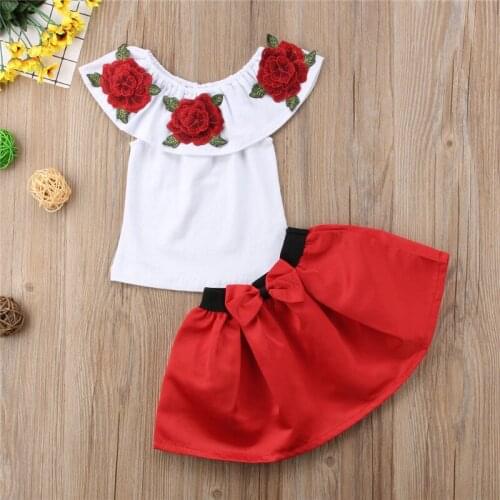 2pcs Summer Kids Baby Girl Off Shoulder Rose Blouse Top T-shirt Dress Skirt Outfits Clothes Toddler Girl Clothes Baby Clothes