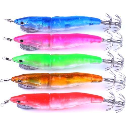 5pcs New Luminous Squid Jig Hook Night Fishing Wood Shrimp Lure 12.8cm 18.4g Light Swimbait Pesca Fishing Tackle