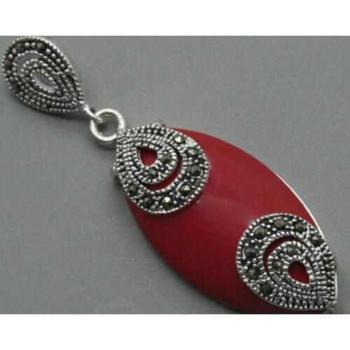 Free Shipping 925 STERLING SILVER RED CORAL MARCASITE NECKLACE PENDANT 18x40MM