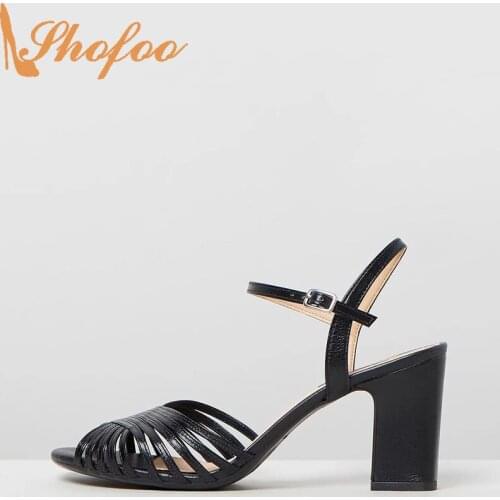 Black Women Sandals High Chunky Heels Narrow Band Buckle Strap Large Size 14 16 Ladies Summer Fashion Mature Sexy Shoes Shofoo