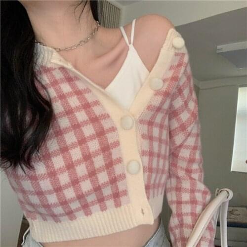 Cardigan Women Long-sleeved Plaid Sweater Autumn Knitted Cardigans Jacket Short Slim Knitwear Female Knit Top Rebeca Punto Mujer