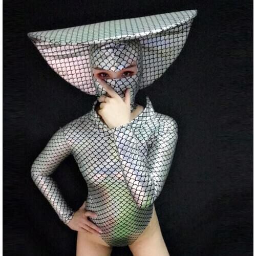 Nightclub Bar Costume Laser Fish Scales Bodysuit Exaggerated Round Headwear Suit Female Singer DJ Party Halloween Outfit DWY4206