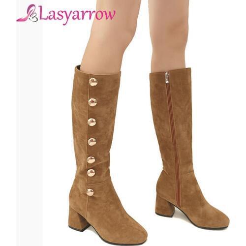 Lasyarrow Fashion Scrub Rivet Retro Zipper Botas Mujer Square Toe Short Thick with High Heel Women Boots Western Style Martin