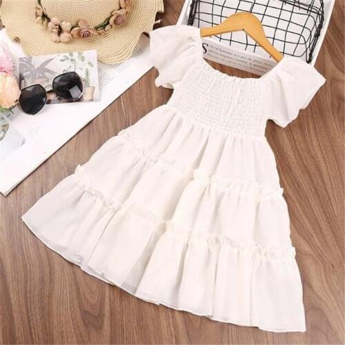 Summer Cute Baby Girls Chiffon Dress 2021 White Short Sleeve Swing Dresses Lovely Baby Girls Princess Knee Length A-Line Dress