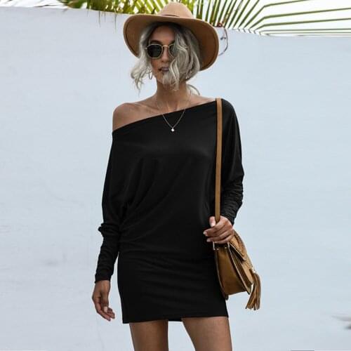 Fashion Sexy Bag Hip Dress Female Summer Long-sleeved Solid Color Diagonal Collar Tight-fitting Cotton Casual Mini Skirt 2021