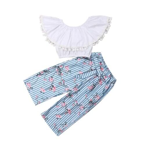 Girl Clothes Kids Toddler Baby Girl Ruffle Tops Vest+Blue Bow Pants Headband 2pcs Child Outfit