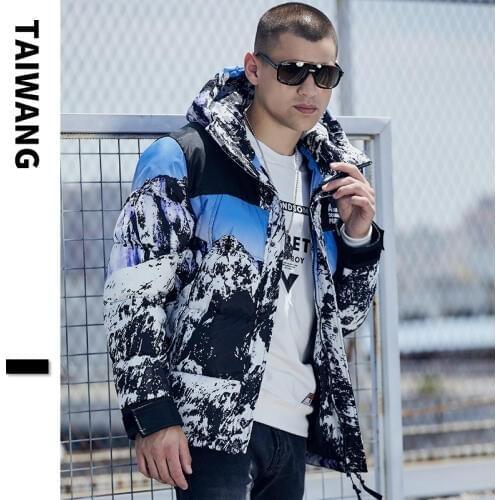 High Street Parkas Men Winter Warm Down Jacket Casual Parka Male Jackets Casual Hooded Windbreaker Overcoat Men Printed Hip Hop