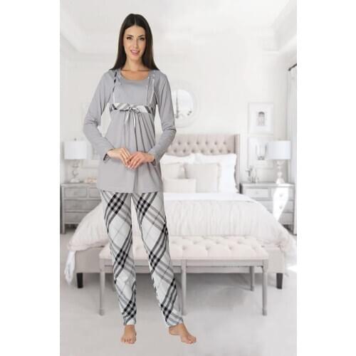 Effort Pajamas Women Long Sleeve Maternity Pajamas Set Dressing Gown Set 100% cotton Gray Red Pink Navy Blue