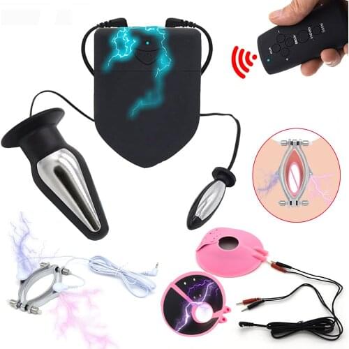 Remote Control Electro Shock Anal Vaginal Plug Labia Clip Bdsm Bondage Clit Stimulator Breast Massage Pads SM Sex Toys For Women