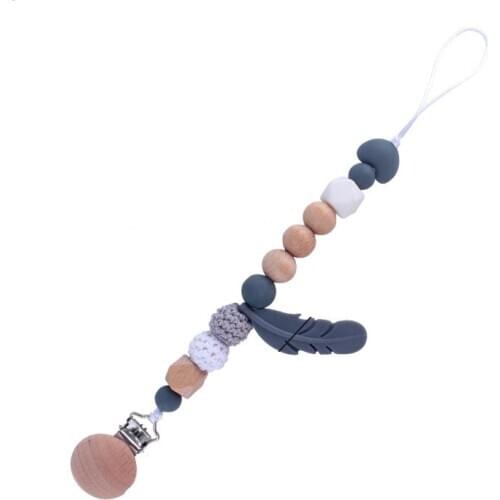 Silicone Pacifier Clip Wooden Beads Dummy Clip Cute Feather Silicone Chain Baby Teething Toy Baby Chew