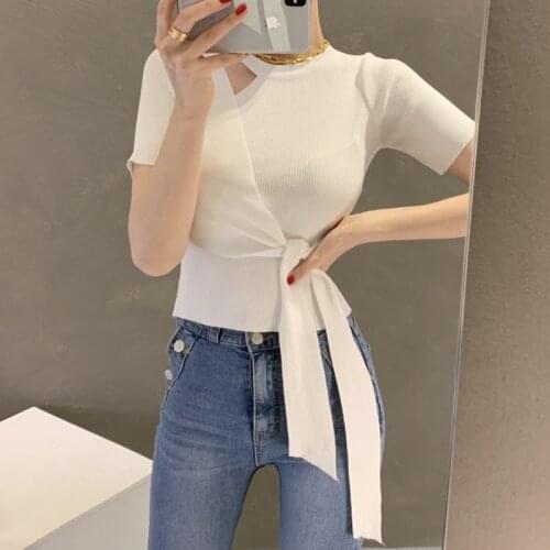 Sexy Ice Silk Sweater-Shirt 2021 Summer Korean Fashion Women Clothing Cultivate OneS Morality Show Thin Waist Irregular Knit