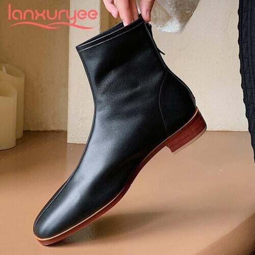 Lanxuryee leisure genuine leather three colors convenient round toe thick low heel back zipper daily wear maiden ankle boots L85