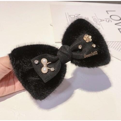 Vintage Mink Faux Fur Plush Bow Hairpins Pearl Bowknot Flower Hair Clips Hairgrips Jewelry Korean Women Girls Hair Accessories