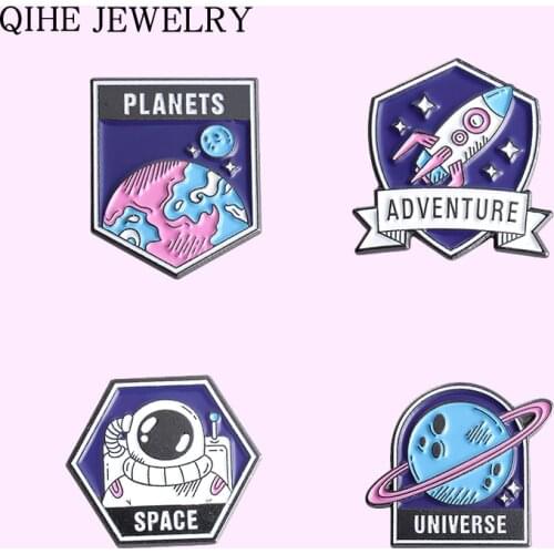 Universe Adventure Astronaut Rocket Enamel Pins Cartoon Planets Brooches for Space Lover Lapel Pin Badge Jewelry Gift Wholesale
