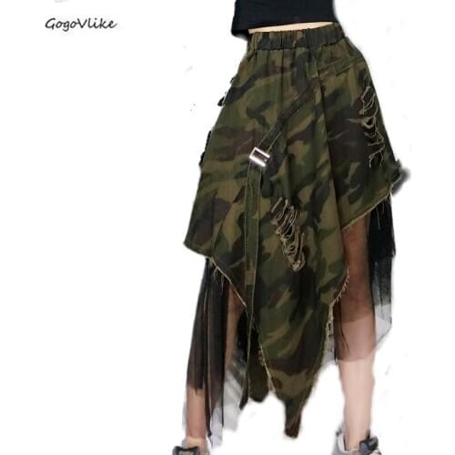 Mesh Spliced 2019 New Spring Summer Elastic Waist Punk Leopard Skirt Women Fashion Asymmetric Skirts Camouflage SA520S30