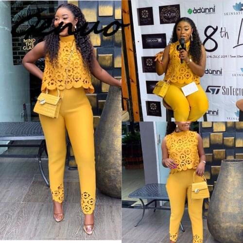 Genuo New 2019 High Street Yellow Hollow Out 2 Piece Set Women Sleeveless Short Top And Long Pants Fashion Female Outfit