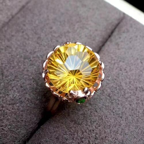 Natural 10*10mm Fireworks citrine Ring Natural yellow crystal Ring S925 silver elegant round wave Pretty womens party jewelry