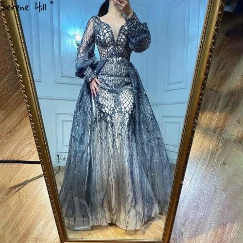 Serene Hill Grey Mermaid With Train Evening Gown For Women 2021 V-Neck Puff Sleeves Luxury Beaded Formal Party Dress CLA71056